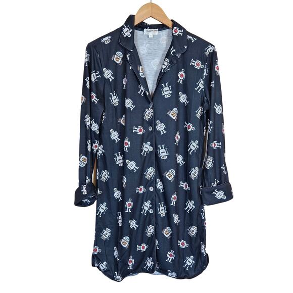 Modcloth x Breakfast for Dinner Long Sleeve Sleep Shirt Robot Print Womens Small - Picture 2 of 9